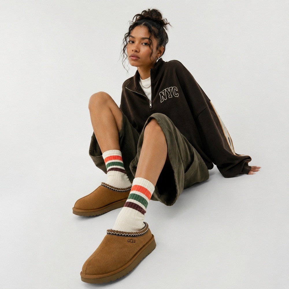 NEW UGG Tasman Slipper Women 10 Chestnut Suede Shearling Slip On Streetwear Cozy